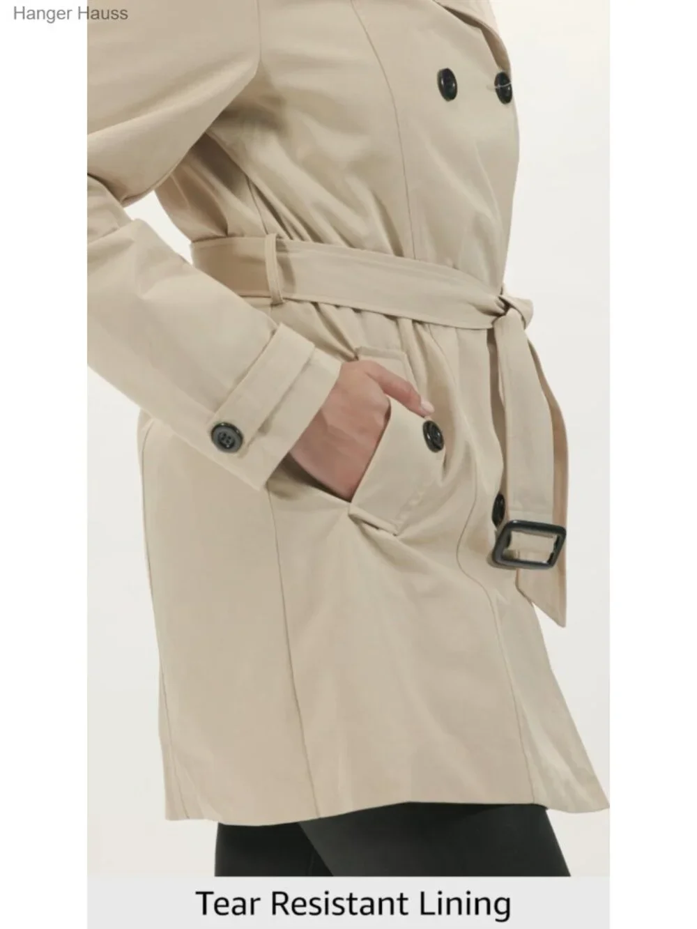 Double-Breasted Trench Coat Detachable Hood Belted Water-Resistant Windproof